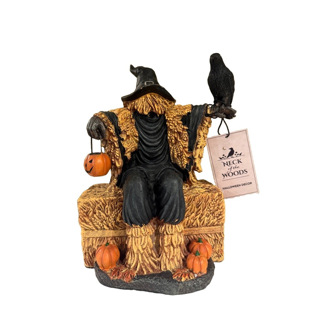 Rustic Halloween Scarecrow w/ Crow on Bale of Hay Pumpkins Figurine 10"